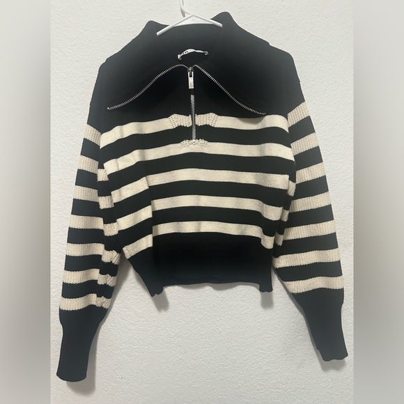 Zara Black and Beige Striped High Neck Quarter Zip Chunky Rib Knit Sweater XL - Picture 3 of 10